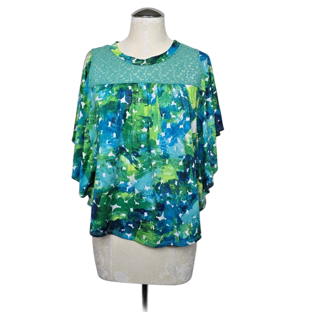 Notations Floral Green Blue Blouse S Lace